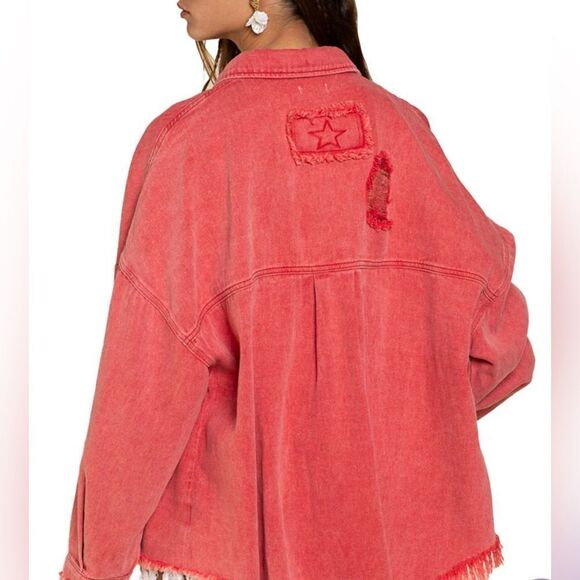 Vici distressed oversized denim shacket red - Picture 1 of 5